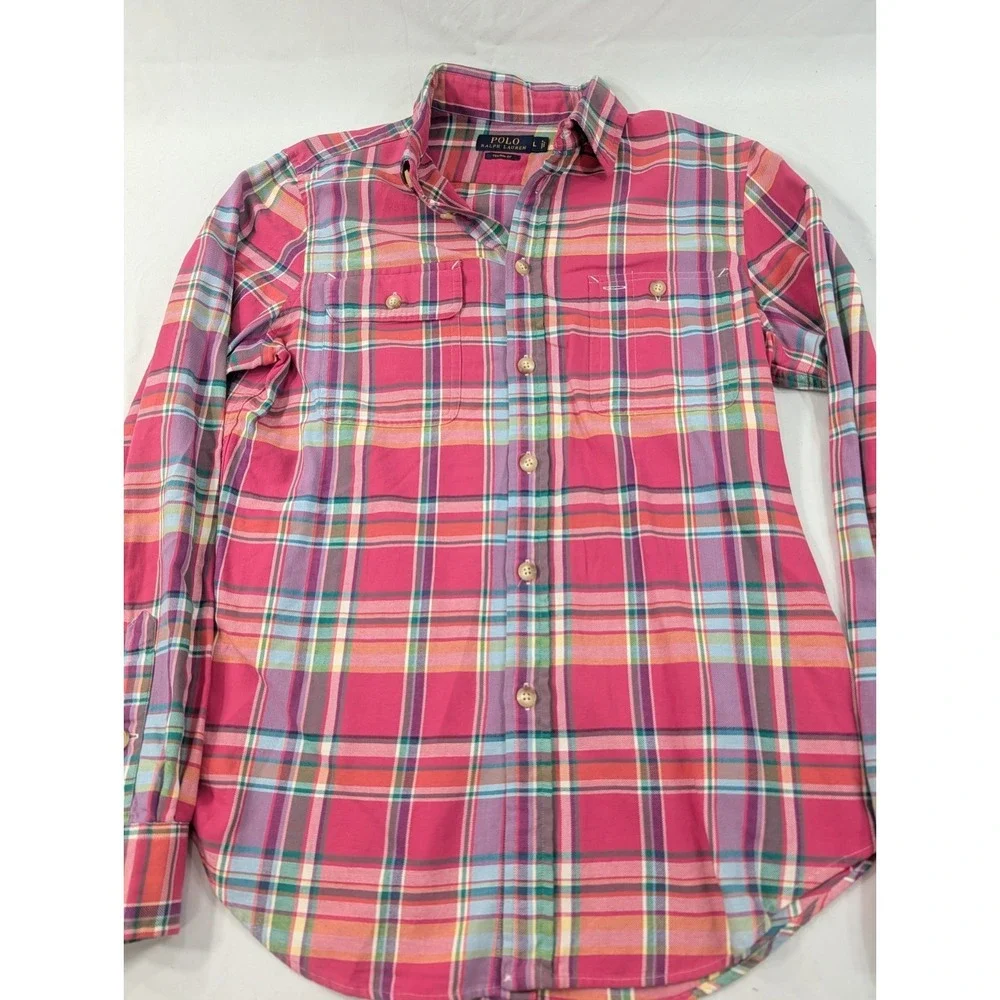 Polo‎ Ralph Lauren Shirt Pink Large Flap Pocket Plaid Custom Fit Button Up Slim